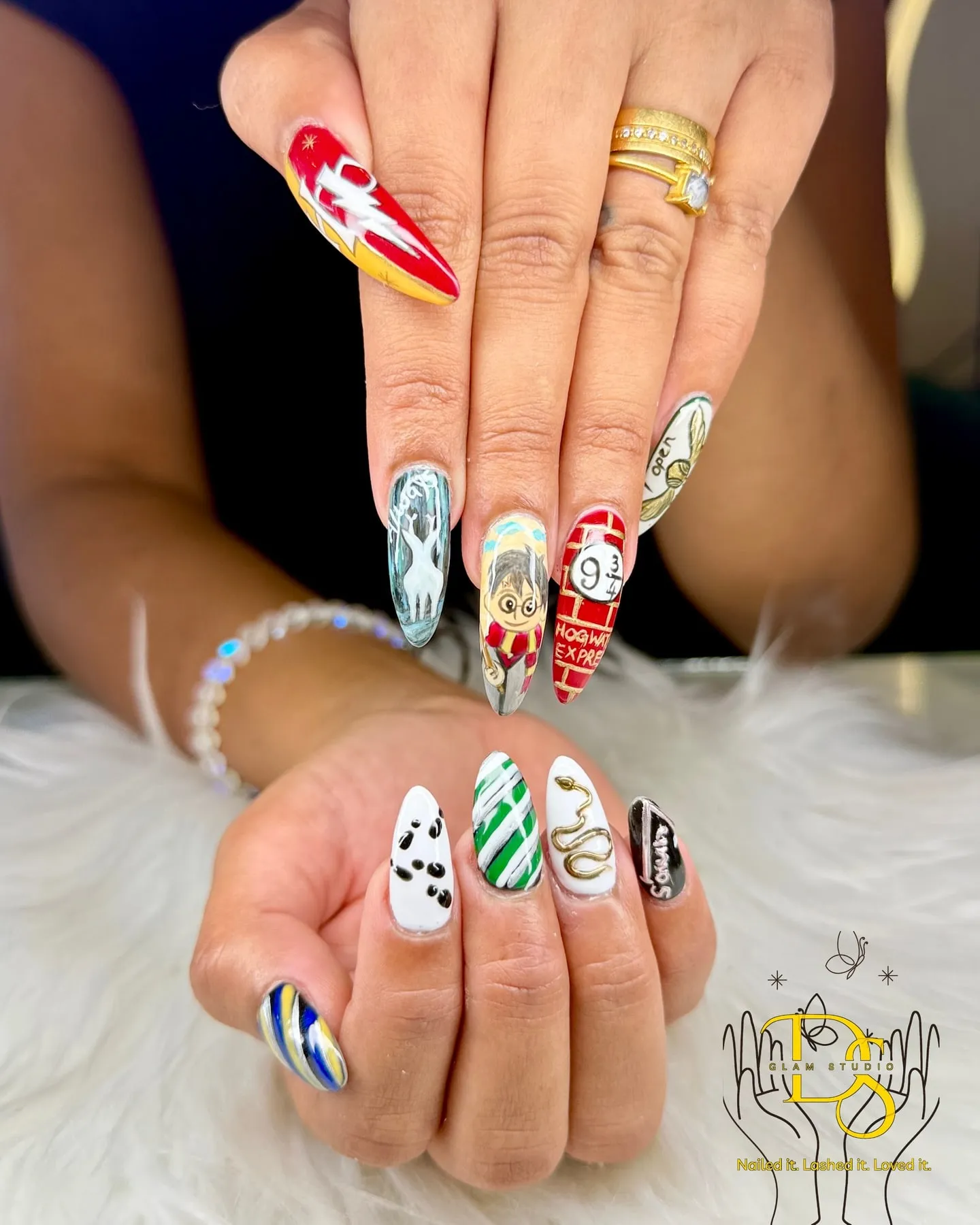 Long almond extensions with colourful hand-painted art