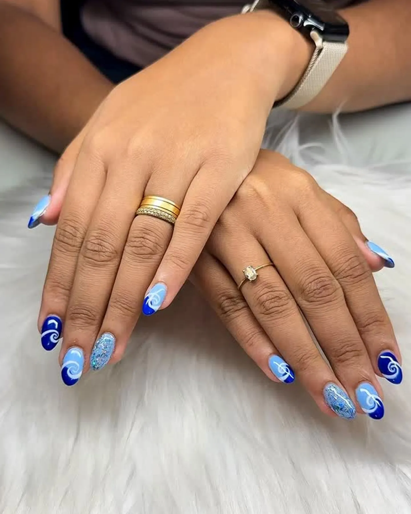 Navy nail art with white details